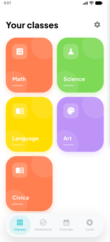 Classes view of the mobile app