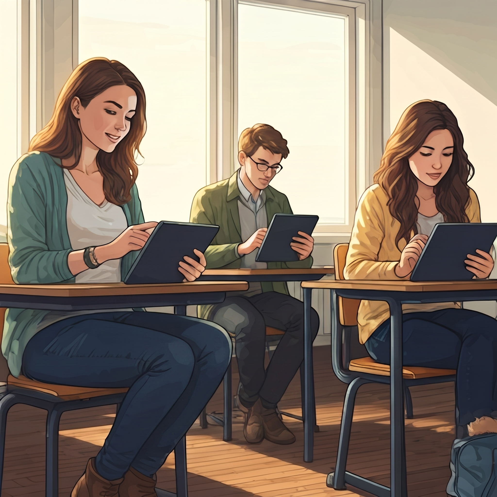 Students in a modern, brightly lit classroom engaged with digital tablets, soft natural lighting, optimistic mood