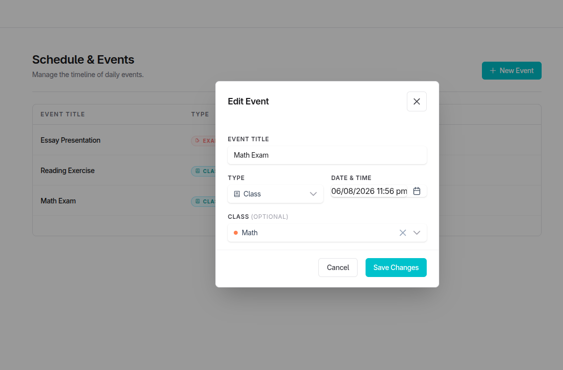 Schedule and Events dashboard screenshot
